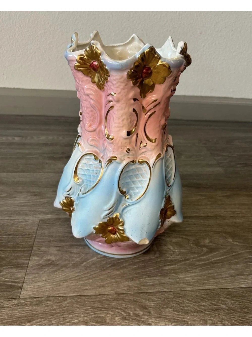 Vintage Italian Hand Painted Ceramic Vase Pink Blue Gold Gilt 12.5”